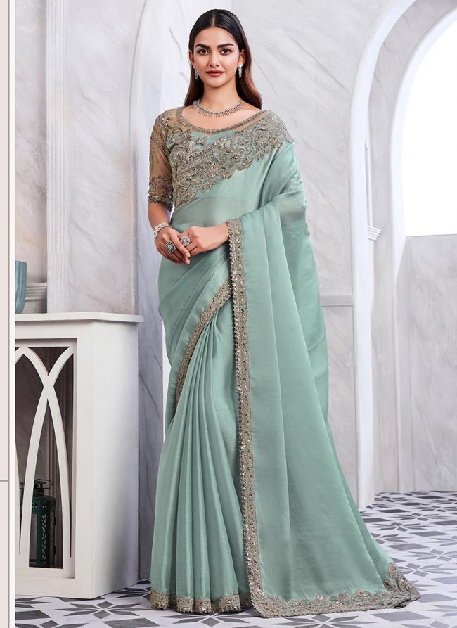 Glass Silk Light Blue Party Wear Embroidery Work Saree